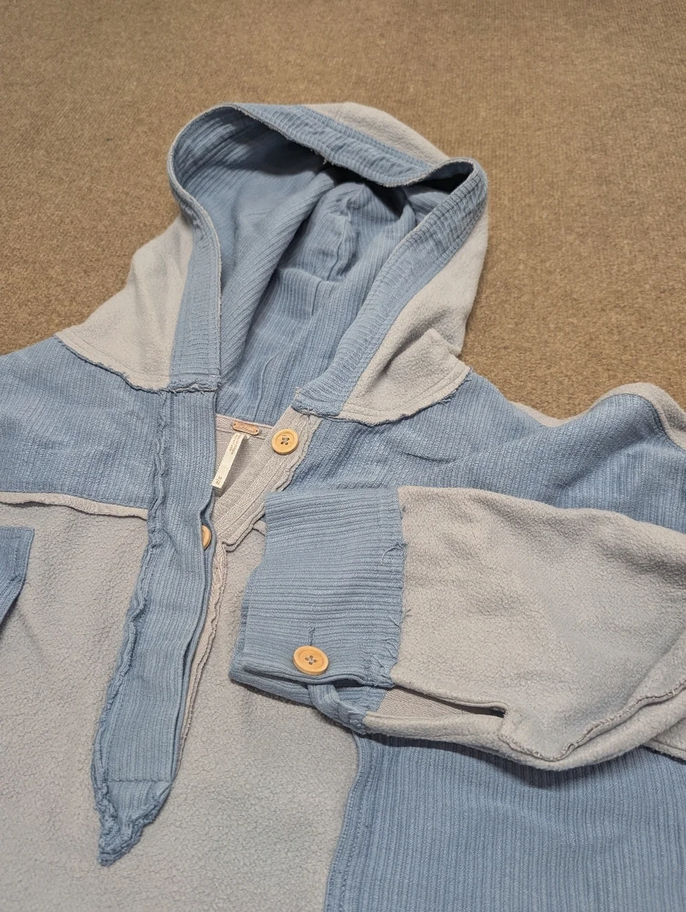 FREE PEOPLE Corrie Sweatshirt Blue Patchwork Oversize Hoodie (Women's Medium)